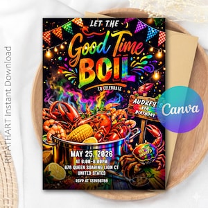 Seafood Birthday Party Invitation, Let The Good Times Boil, Crab Boil Party, Lobster Feast Invite, Summer Vacation! R550