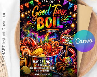 Seafood Birthday Party Invitation, Let The Good Times Boil, Crab Boil Party, Lobster Feast Invite, Summer Vacation! R550