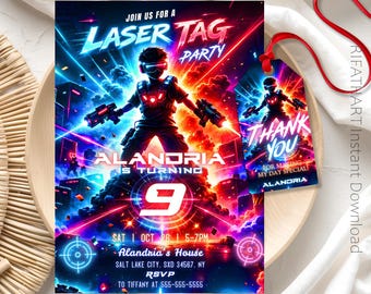 Laser Tag Geburtstagseinladung, Laser Tag einladen, Neon Laser Tag einladen, Neon Glow Laser Tag, bearbeitbare Canva Vorlage R487