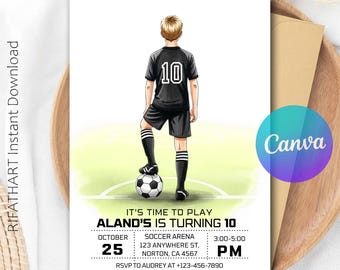 Invitación de cumpleaños de fútbol, invitación editable de Canva, temática de fútbol infantil, nombre y edad personalizados, imprimible digitalmente.