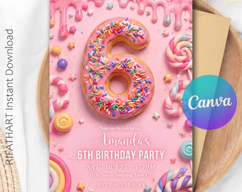 6Tth Birthday Invitation Girl, Six Birthday Party, Girls Pink Birthday Invite, Editable Donuts Invite, Kids Party Invite Editable Canva R744