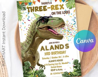 Editable Three Rex Dinosaur Birthday Party Invitation Boys Third Birthday Dino Party, Three-Rex On The Loose Canva Template 5" X 7"