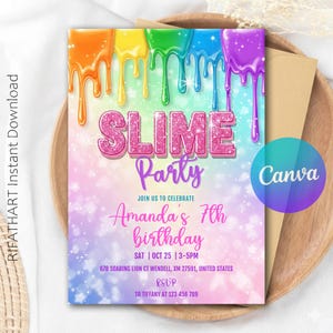 Könnte beinhalten: Eine farbenfrohe Einladung für eine "Slime Party" mit tropfendem Regenbogen-Schleim-Design. Die Einladung enthält den Text "Amanda's 7th birthday" und Veranstaltungsdetails. Das Canva-Logo ist sichtbar.