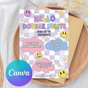 May include: A birthday invitation with a purple and white checkered background. The invitation says "Hello Double Digits" and "Join Us To Celebrate". It includes the text "Tiffany's 10th Birthday" and "June 16 Saturday 2-5 PM".
