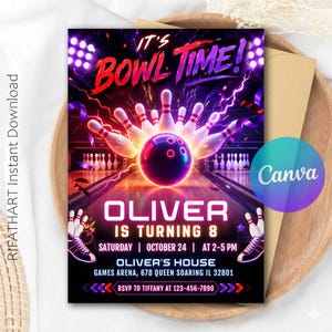 May include: A rectangular birthday invitation card featuring a bowling theme with a dark background, neon purple and red lighting, a bowling ball, and pins. The text reads IT'S BOWL TIME!, OLIVER IS TURNING 8, SATURDAY, OCTOBER 24, AT 2-5 PM, OLIVER'S HOUSE, GAMES ARENA, 678 QUEEN SOARING IL 32801, RSVP TO TIFFANY AT 123-456-7890.