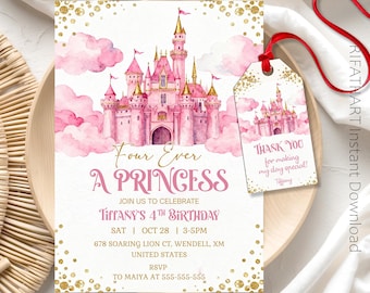 Editable Four Ever A Princess 4Th Birthday Invitation Template Girls Fourth Birthday