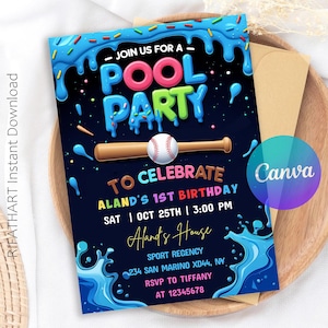 Baseball Pool Party Invitation: Editable Canva Template (Digital Download)