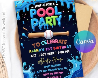 Baseball Pool Party Invitation: Editable Canva Template (Digital Download)