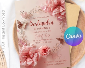 Butterfly Birthday Invitation, Pink Butterfly Birthday Invite, Girl Butterfly Party, First Birthday Invitation, Canva Template