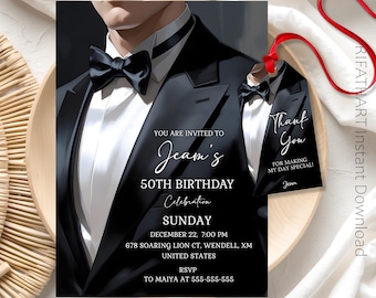 Tuxedo Birthday Invitation, Men’S Birthday, Black Tie, Canva Template