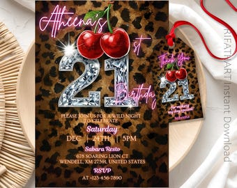 21er Geparden-Geburtstags-Einladung & Vibes Leopard Print Evite, Gepard-Print, Leopard-Print, Mädchen Geburtstag einladen