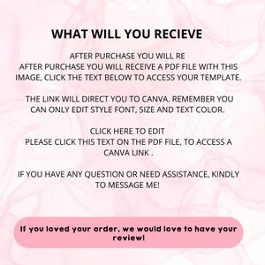 May include: A digital template announcement with a soft pink and white background. Text includes "WHAT WILL YOU RECIEVE" and instructions on accessing the template via Canva, with a call to action to click a link.