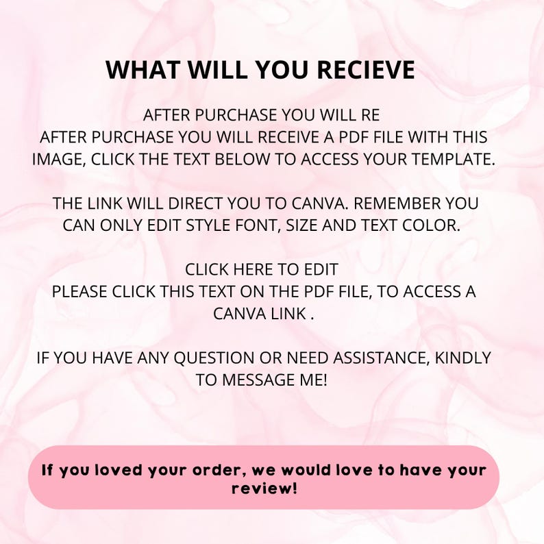 May include: A digital template announcement with a soft pink and white background. Text includes "WHAT WILL YOU RECIEVE" and instructions on accessing the template via Canva, with a call to action to click a link.