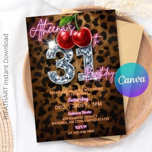 May include: A birthday invitation with a leopard print background. The invitation features the text "Atheena's 31st Birthday" in a pink script font, with a sparkling diamond-like "31". Two red cherries sit above the number 31. The invitation includes event details.