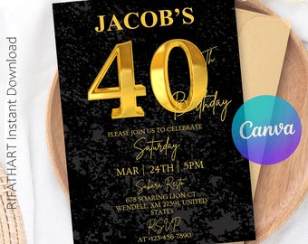 40th Birthday Invitation for Men, Modern Milestone Party Invite, Editable Canva Template, Digital Ecard, Printable Forty Celebration Invite