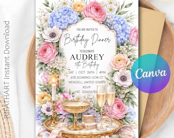 Floral Dinner Party Invitation Template, Women’S Birthday Dinner Or Celebration Party, Printable Flowers Invite, Summer Vacation! R536