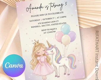 Unicorn Princess Birthday Invitation, Magical Girl Theme, Printable Fairytale Unicorn Party Invite