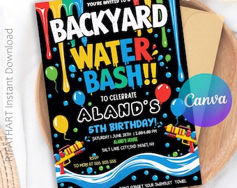 Editable Water Bash Birthday Invitation: Splish Splash Party (Digital Download, 5x7 Canva Template)