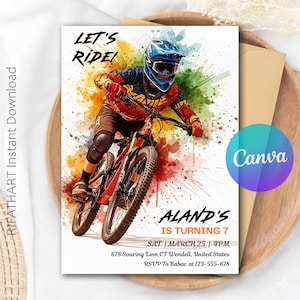 Può includere: Un invito di compleanno con un mountain biker in azione. Il design include il testo "LET'S RIDE!" e i dettagli dell'evento: "ALAND'S IS TURNING 7" il 25 marzo alle 16:00. L'invito è su uno sfondo a spruzzi di acquerello.