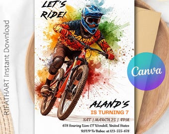 Boy Bike Party Invitation, Mountain Bike Party Invite, Dirt Bike Party, Ride On Over, Teen Birthday Invite, Editable Canva  R518