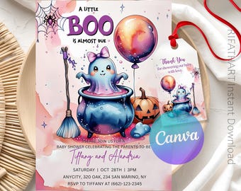 Pink Little Boo Baby Shower Invitation: Halloween Ghost Theme (Editable Canva Template - Digital Download