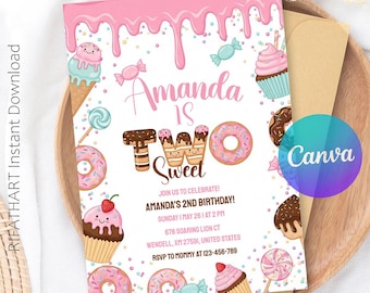 Two Sweet Birthday Invitation, Two Year Candy Invitation, Sweet 2Nd Birthday Girl Invite, Sweets Dessert Donut Ice Cream, Instant Download