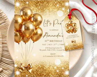 Digitale gouden verjaardagsuitnodiging Let's Party, bewerkbare gouden uitnodigingssjabloon voor verjaardagsdiner, modern elegant feestcanvaontwerp
