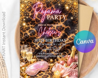 Leopard Print Pajama Party Digital Invitation & Itinerary, Sleepover Party, Cheethah Print Invitation R492