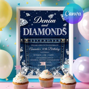 instant download, canva template,  birthday invitation, adult birthday, digital invitation, diamonds birthday, retro invitation, luxury invitation, denim birthday, denim and diamonds, diamonds invitation, denim invitation, denim, printable invitation, digital birthday card, canva template, custom mobile invite, digital download,  ,, printable invitation, instant download, canva template