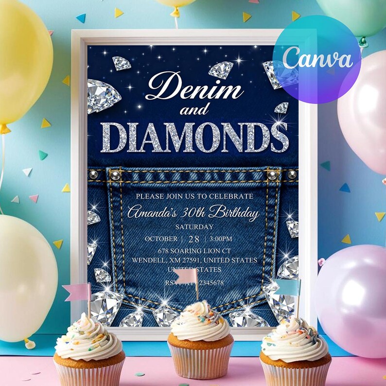 instant download, canva template,  birthday invitation, adult birthday, digital invitation, diamonds birthday, retro invitation, luxury invitation, denim birthday, denim and diamonds, diamonds invitation, denim invitation, denim, printable invitation, digital birthday card, canva template, custom mobile invite, digital download,  ,, printable invitation, instant download, canva template