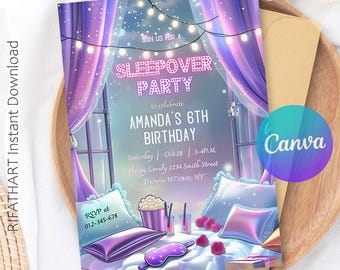 Sleepover Birthday Invitation, Girls Night Slumber Party Sleep Over, Girls Birthday Party Instant Download