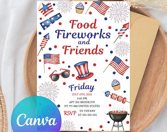 Invitation barbecue modifiable le 4 juillet, barbecue modifiable pour le jour de l'indépendance, modèle de toile invitation invitation barbecue 4 juillet, numérique