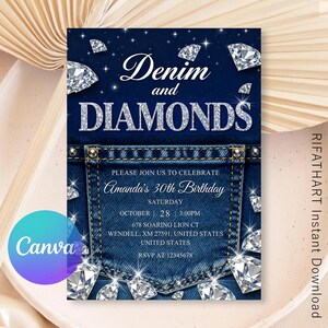instant download, canva template,  birthday invitation, adult birthday, digital invitation, diamonds birthday, retro invitation, luxury invitation, denim birthday, denim and diamonds, diamonds invitation, denim invitation, denim, printable invitation, digital birthday card, canva template, custom mobile invite, digital download,  ,, printable invitation, instant download, canva template