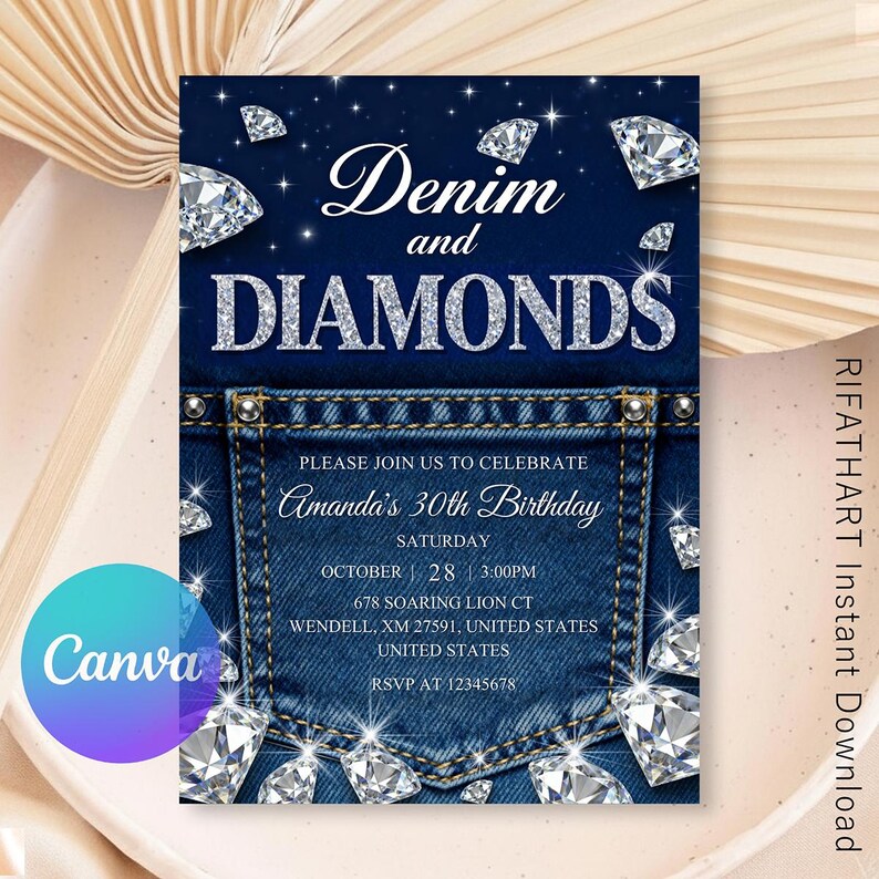 instant download, canva template,  birthday invitation, adult birthday, digital invitation, diamonds birthday, retro invitation, luxury invitation, denim birthday, denim and diamonds, diamonds invitation, denim invitation, denim, printable invitation, digital birthday card, canva template, custom mobile invite, digital download,  ,, printable invitation, instant download, canva template