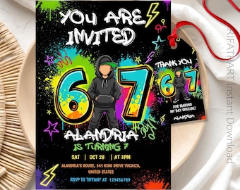 Six Seven Birthday Invitation, I was 6 now I'm 7 Party Invite, 6 7 Meme, Digital Download, Editable Canva Template