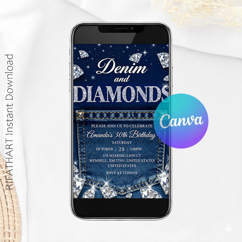 instant download, canva template,  birthday invitation, adult birthday, digital invitation, diamonds birthday, retro invitation, luxury invitation, denim birthday, denim and diamonds, diamonds invitation, denim invitation, denim, printable invitation, digital birthday card, canva template, custom mobile invite, digital download,  ,, printable invitation, instant download, canva template
