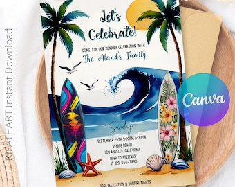 Beach Birthday Party Invitation: Summer Ocean Theme (Digital Download, 5x7 Canva Template)