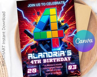 4. Geburtstagseinladung Junge, Einladung zum 4. Geburtstag, Einladung zum 4. Geburtstag, Canva Vorlage für Jungen