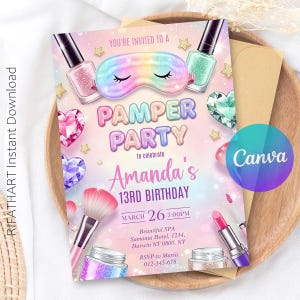 Bewerkbare Pamper Spa verjaardagsuitnodiging, neon Glow Spa Party, glamour make-up nacht, thema meisjes zelfzorg, canvassjabloon