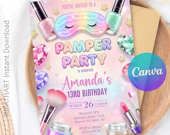Editable Pamper Spa Birthday Invitation, Neon Glow Spa Party, Glam Makeup Night, Girls Self Care Theme, Canva Template