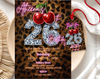26e verjaardagsuitnodiging met cheetah-print en vibes luipaardprint Evite, cheetah-print, luipaardprint, meisjes verjaardagsuitnodiging