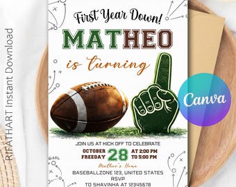 Football Birthday Invitation, First Birthday Invite, Boy 1st Birthday, First Year Down, Football Birthday, Game Om, Canva Template R194