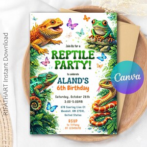 May include: A vibrant reptile-themed party invitation with illustrations of a lizard, frog, and snake. The invitation includes the text "REPTILE PARTY!" and details for Aland's 6th birthday, including the date, time, and location.