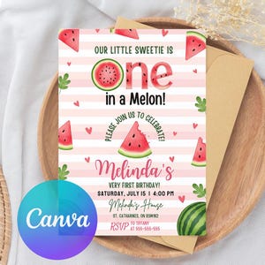 Watermelon 1st Birthday Invitation: Pink Summer Party, Editable Canva Template (Digital Download)