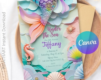Mermaid Birthday Invitation: Under The Sea Party, Editable Canva Template (Digital Download)