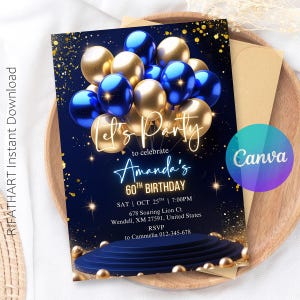 Puede incluir: Una invitación de cumpleaños azul marino con globos dorados y azules. La invitación dice "Let's Party" y celebra el 60 cumpleaños de Amanda. Los detalles incluyen fecha, hora y lugar. El logotipo de Canva es visible.