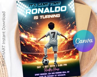 Invitación imprimible para fiesta de fútbol, invitación de cumpleaños de fútbol, invitación de fútbol imprimible para niños, plantilla digital de Canva, descarga instantánea