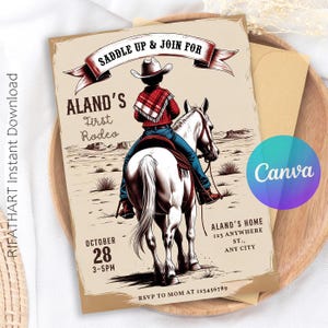 Cowboy 1st Birthday Invitation: First Rodeo, Wild West (Digital Invite, 5x7&quot; CANVA Template)