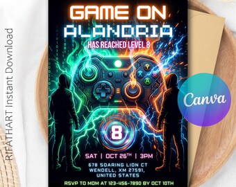 Video Game Party Invitation, Level Up Birthday Invitation, Gamer Boy Template, Green Gamer Birthday Invitation, Editable Canva R557