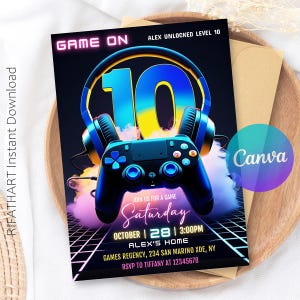 May include: A digital invitation with a gaming theme. The design features a blue and black game controller, headphones, and the number 10. The text reads "GAME ON" and "ALEX UNLOCKED LEVEL 10". Includes event details: date, time, location, and RSVP information.